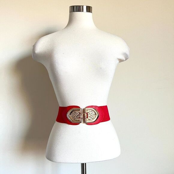 Wide Red Stretch Belt with Gold Buckle – Statement Waist Cincher - Picture 2 of 2